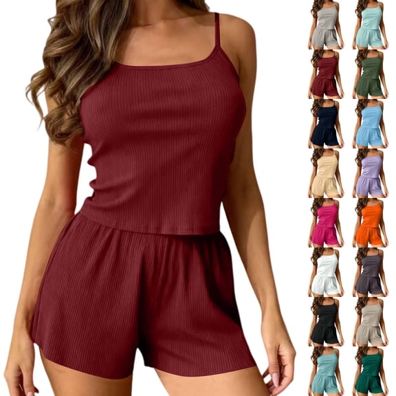 siminsem Women's Ribbed Knit Pajama Set 2 Piece Lounge Sleepwear Soft Stretchy Loungewear with V Neck Top and Wide Leg Pants Comfy Home Pjs, Wine,XXXL