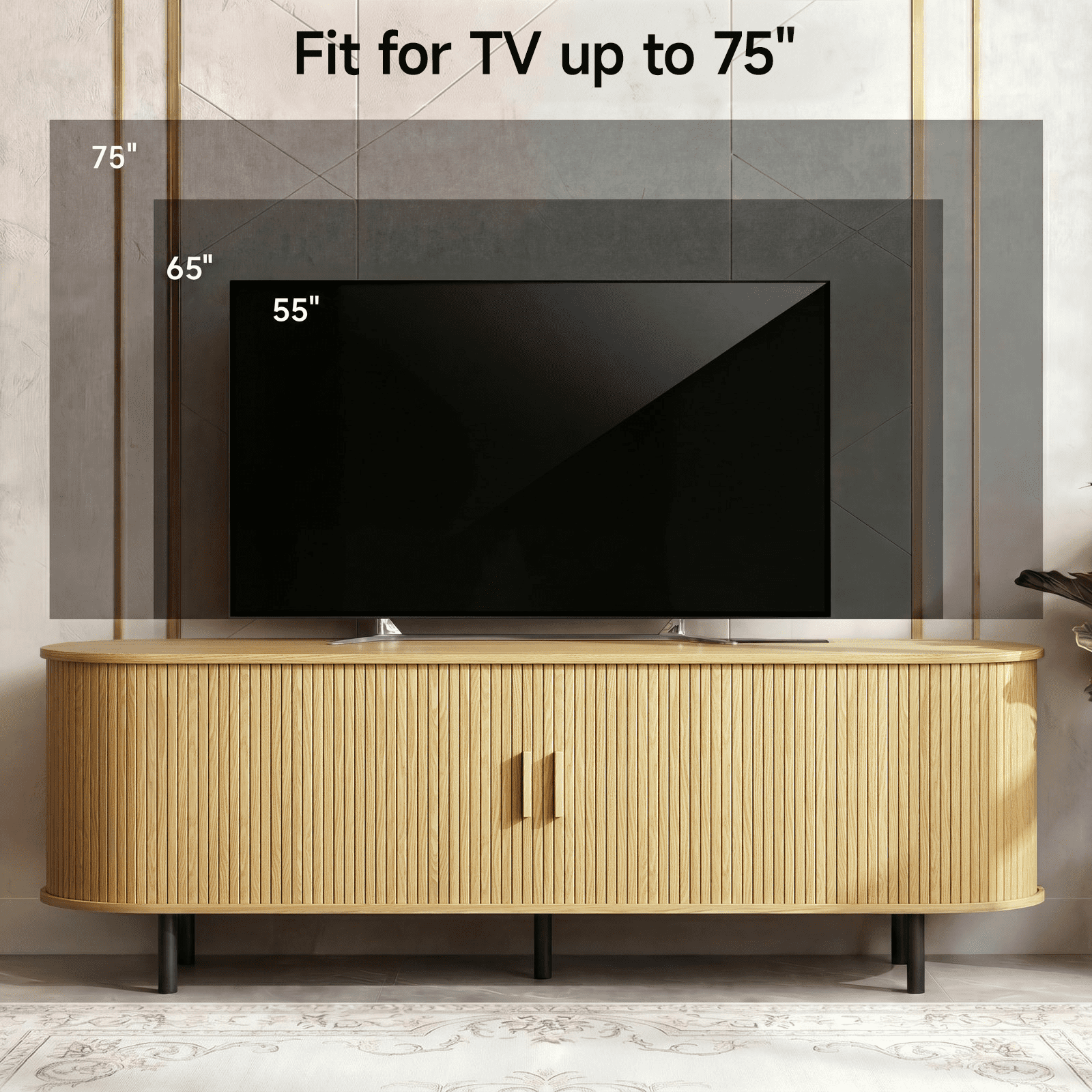 ROGALIS 63 Inch TV Stand with Built-in Power Outlet, Compatible with TVs Up to 70 Inches, Modern Entertainment Center with Adjustable Shelves, Storage Space, and Sliding Doors, Oak