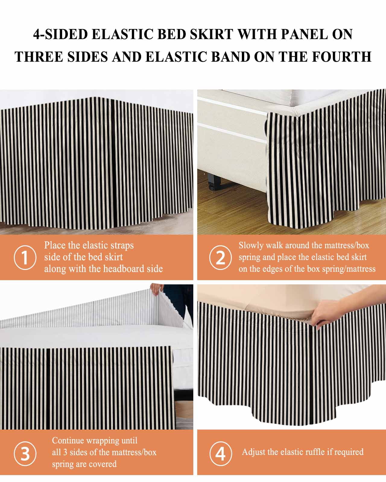 Black Striped Wrap Around Bed Skirts for California King Bed 18" Drop,Bed Skirt with Adjustable Elastic Belt Dust Ruffle Bed Valance for Bedroom Modern Simple Farmhouse Beige Vintage Bed Frame Cover