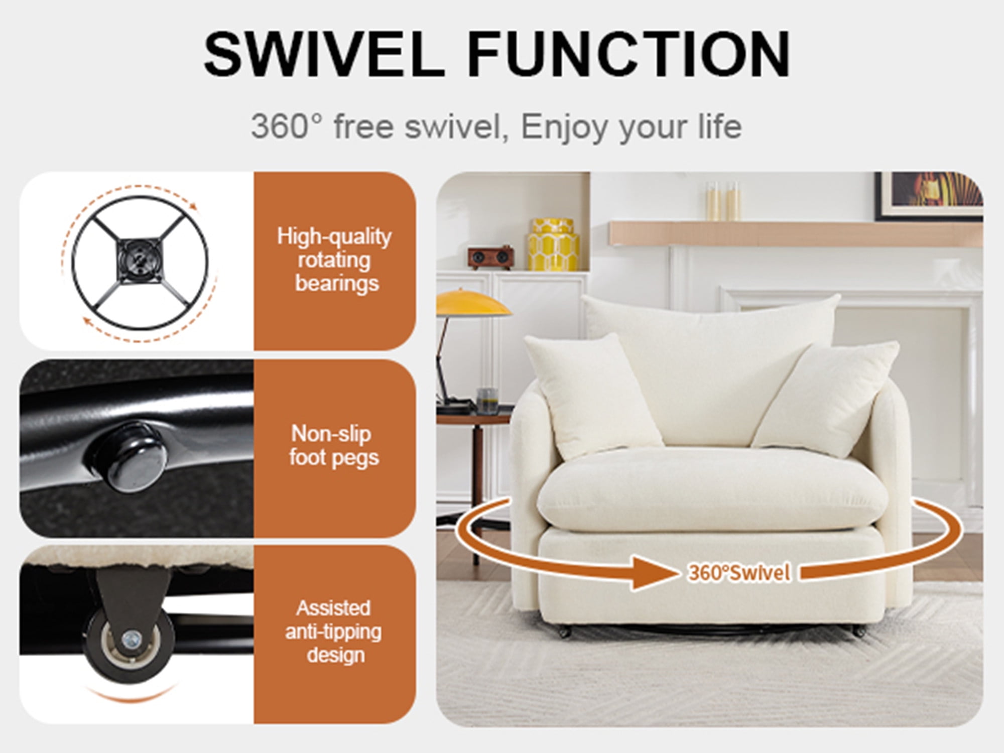 LITVZ 360 Degree Swivel Accent Chair Oversized, 37.8 inch Extra Wide Barrel Swivel Chairs with Deep Seat for Living Room, Club, Reading, Bedrooms