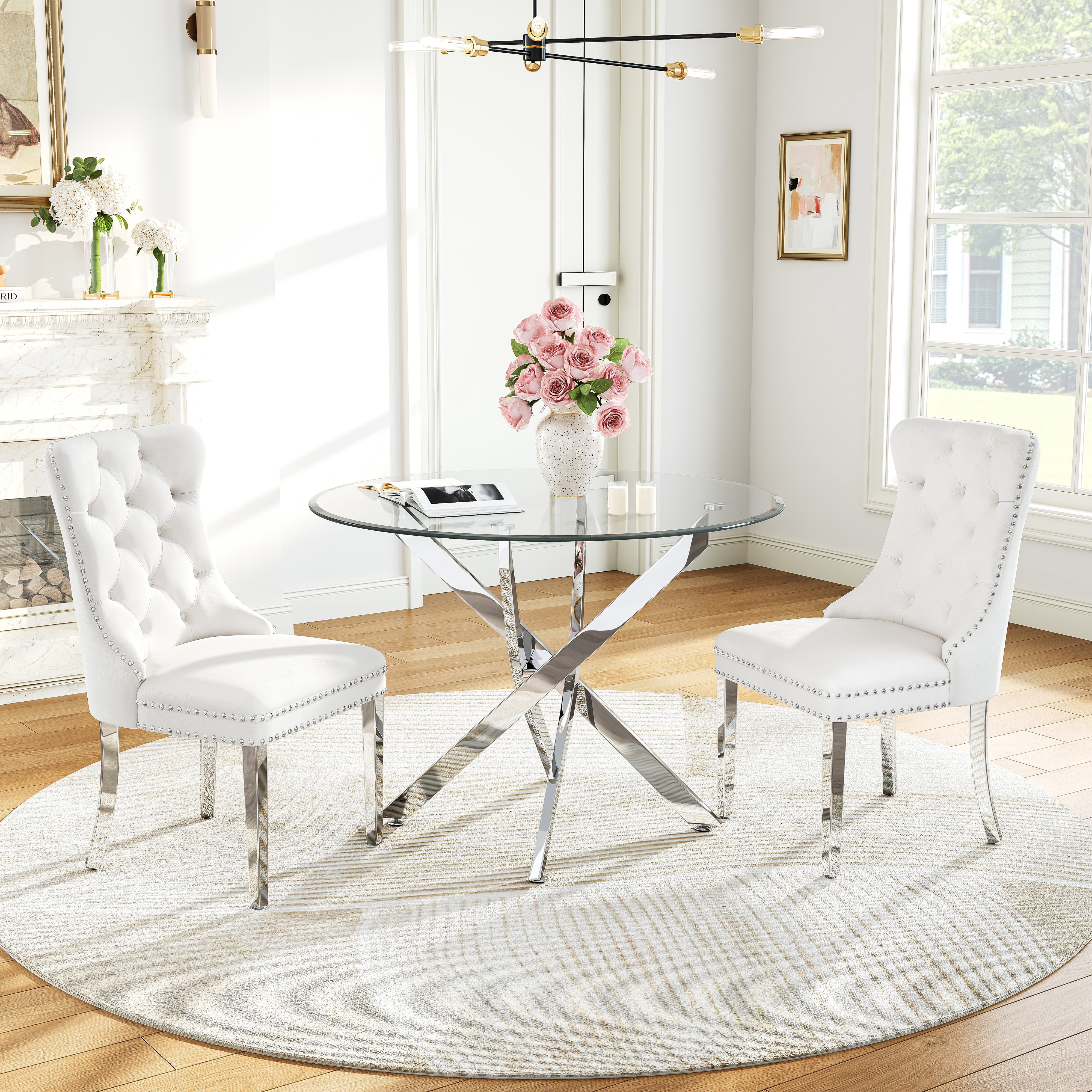 36" Round Glass Dining Table with Stainless Steel Legs, Modern Small Kitchen Table with Tempered Glass Top for Dining Room, Apartment, Kitchen