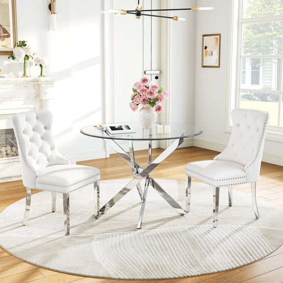 Round Table Set for 2, 36" Tempered Glass Gold Legs Dining Table with Dining Chairs for Dining Room, Kitchen, Meeting Room