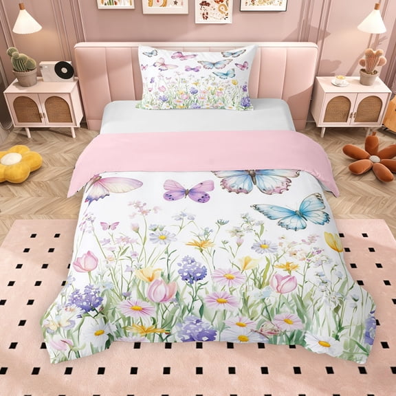 Erosebridal Chic Butterfly Twin Bedding for Girls, Colorful Flower Duvet Cover Set, Pink Reversible, 2pcs 1 Duvet Cover and 1 Pillowcase, No Comforter