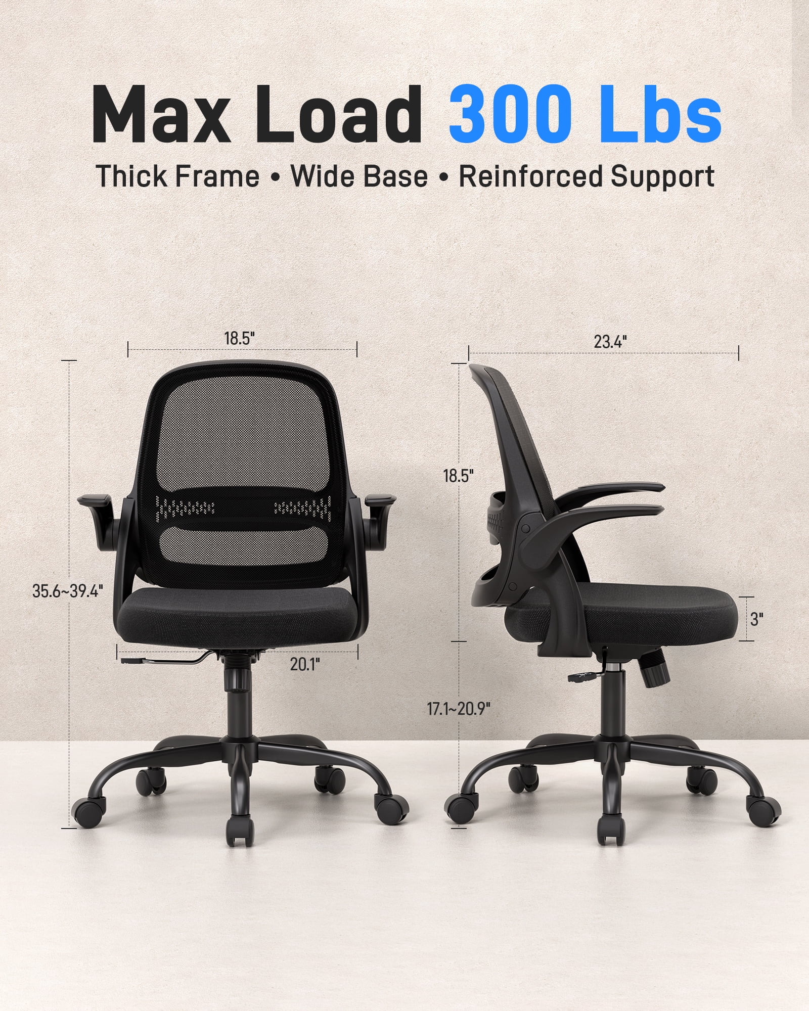 TMV Ergonomic Office Chair, Mesh Computer Chair with Wide Seat & Arms - Rolling Desk Chair with Wheels for Home Office, Gaming, or Living Room，Black