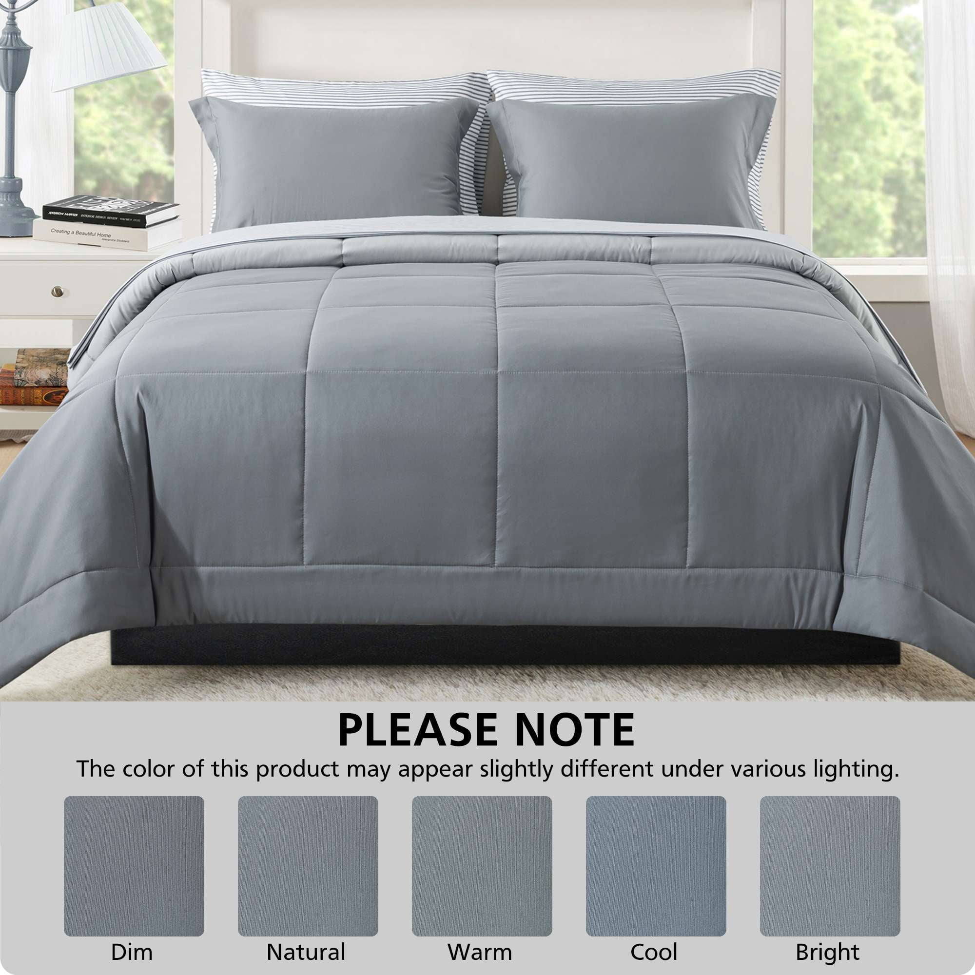 Mainstays All in One Reversible Comforter and Sheet Set, 7-Piece, King, Gray