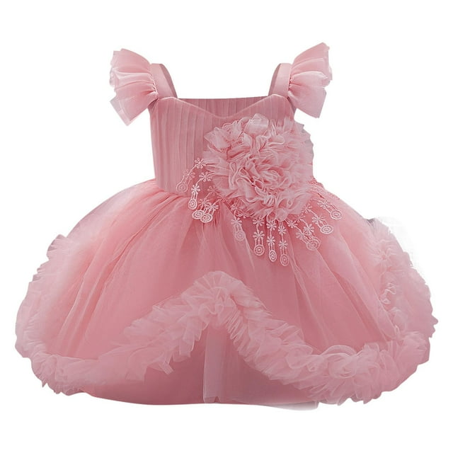 Bwiyojiz Tailles Mode 70-110 Été Jupe pour Bébé d'Un An Manches Volantées Tulle Ondulé Nœud Robe de Princesse Formelle Tenue de Spectacle