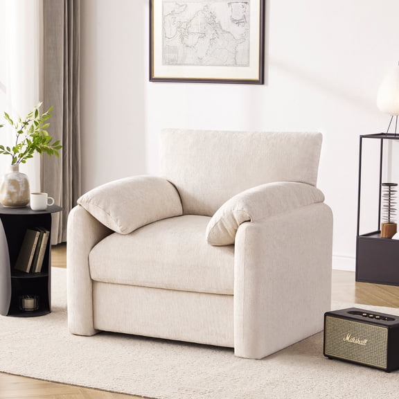 Chenille Oversized Armchair, 38.6" Wide Accent Chair for Living Room & Bedroom Modern Lounge Chair, Upholstered Mid-Century Reading Chair, Comfy Living Room Chair, Single Sofa Chair, Beige