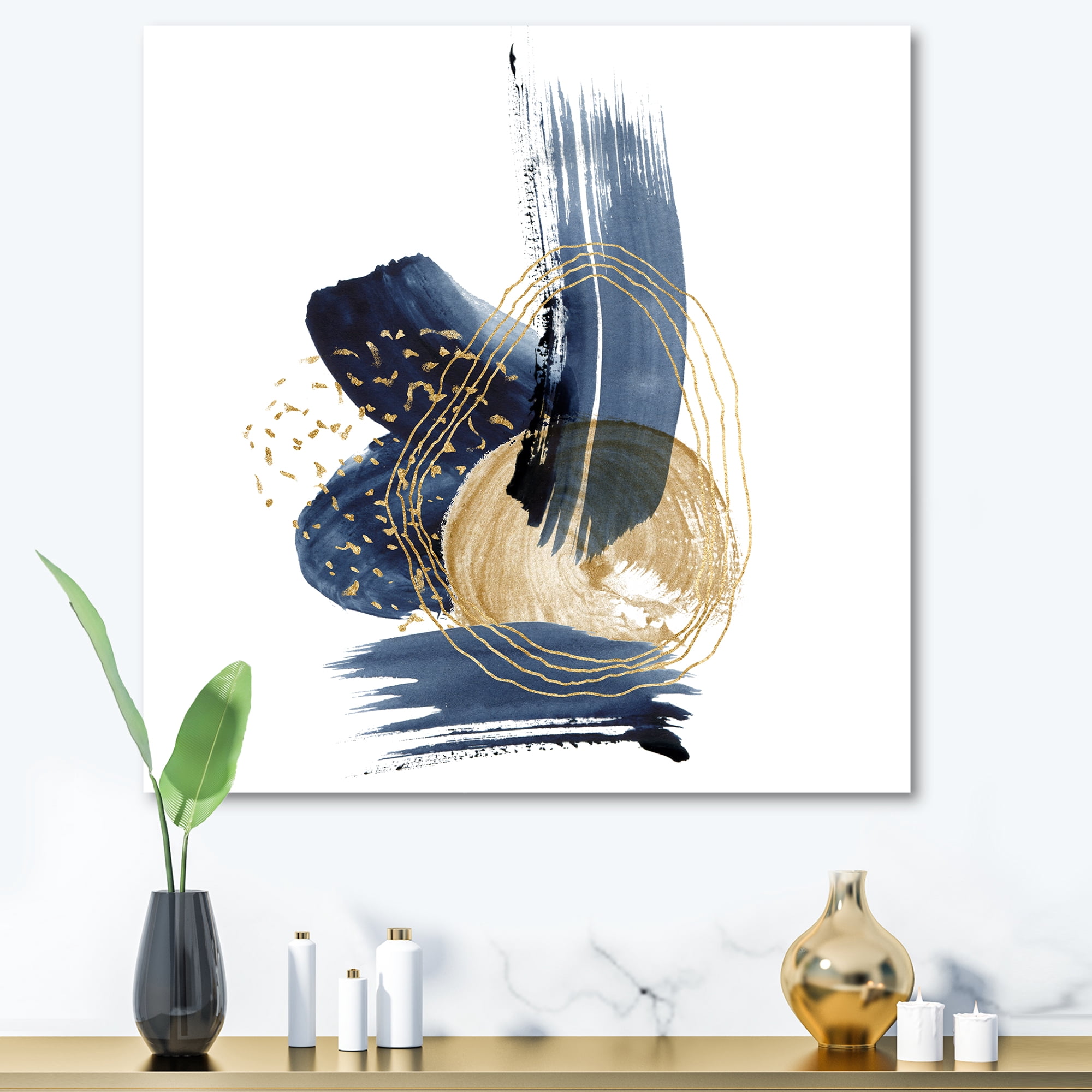 Designart ' Gold Strokes and Landscape of Dark Blue Mountains II ' Modern Canvas Wall Art Print