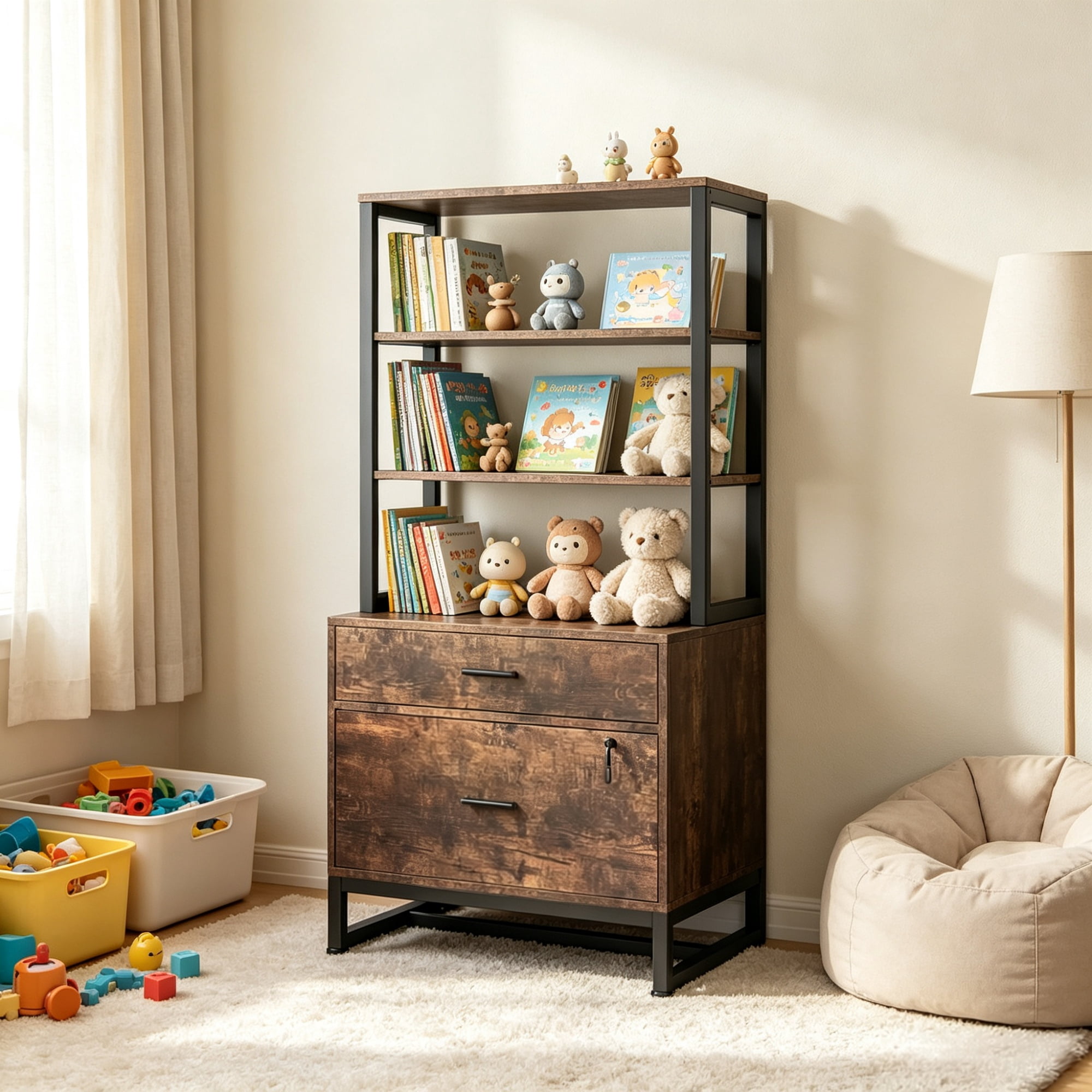 Astoutdoor 2-Drawer File Cabinet, Vertical Filing Cabinet with Lock and Bookshelf for Home Office, Steel, 38.39 in