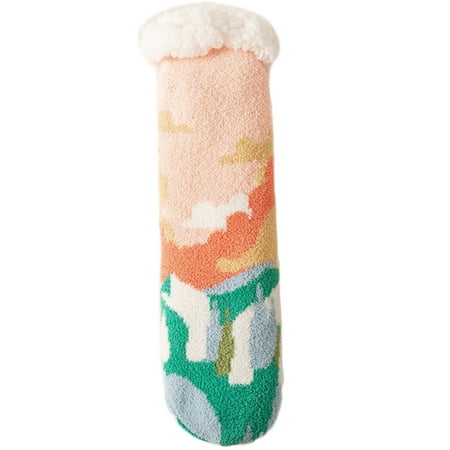 

CHOMOEN Women Winter Faux Fleece Lined Slipper Socks Novelty Colorful Village Landscape Print Thicken Fuzzy Thermal Stockings