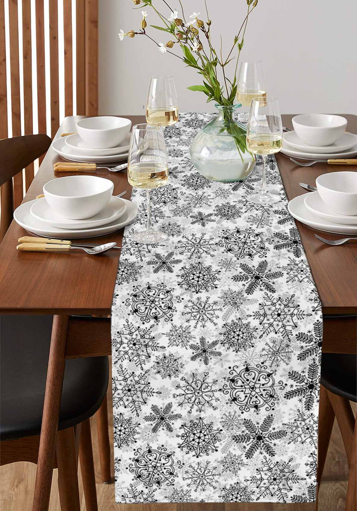 Black White Snowflake Christmas Burlap-Cotton Table Runner 72 Inches Long,Xmas Snowflake Vintage Farmhouse Table Runners,Outdoor Dining Tablecloths Decor for Baby Shower Party Wedding 18x72