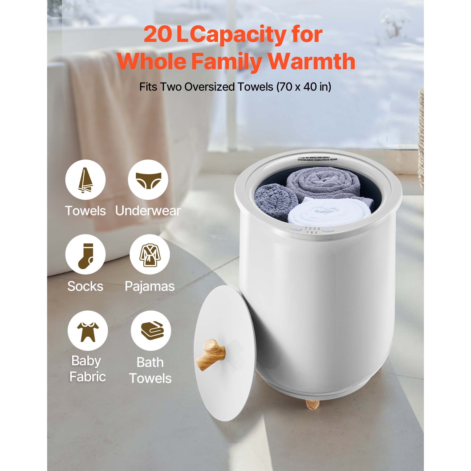 KFFKFF 20L Heated Towel Warmer Bucket with LED Light, Adjustable Timer and Temperature Settings, Large Capacity for Towels and Blankets, Suitable for Bathroom, Spa, Home, Countertop, Gray