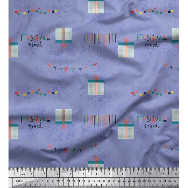 Soimoi polyester Crepe Fabric Gift Box & Hanging Ribbons Party Print Sewing Fabric Yard 52 Inch Wide