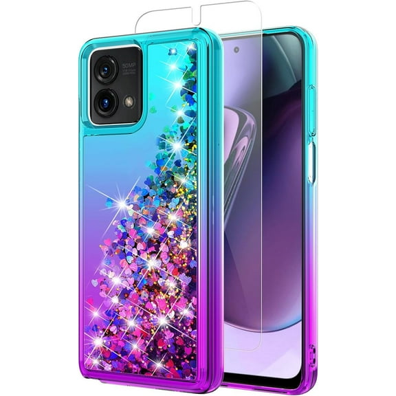 for Moto G Stylus 5G 2023 Case,with HD Screen Protector,Gradient Quicksand Glitter Liquid Floating Waterfall Durable Girls Cute Phone Case for Motorola G Stylus 5G 2023 (Teal/Purple)