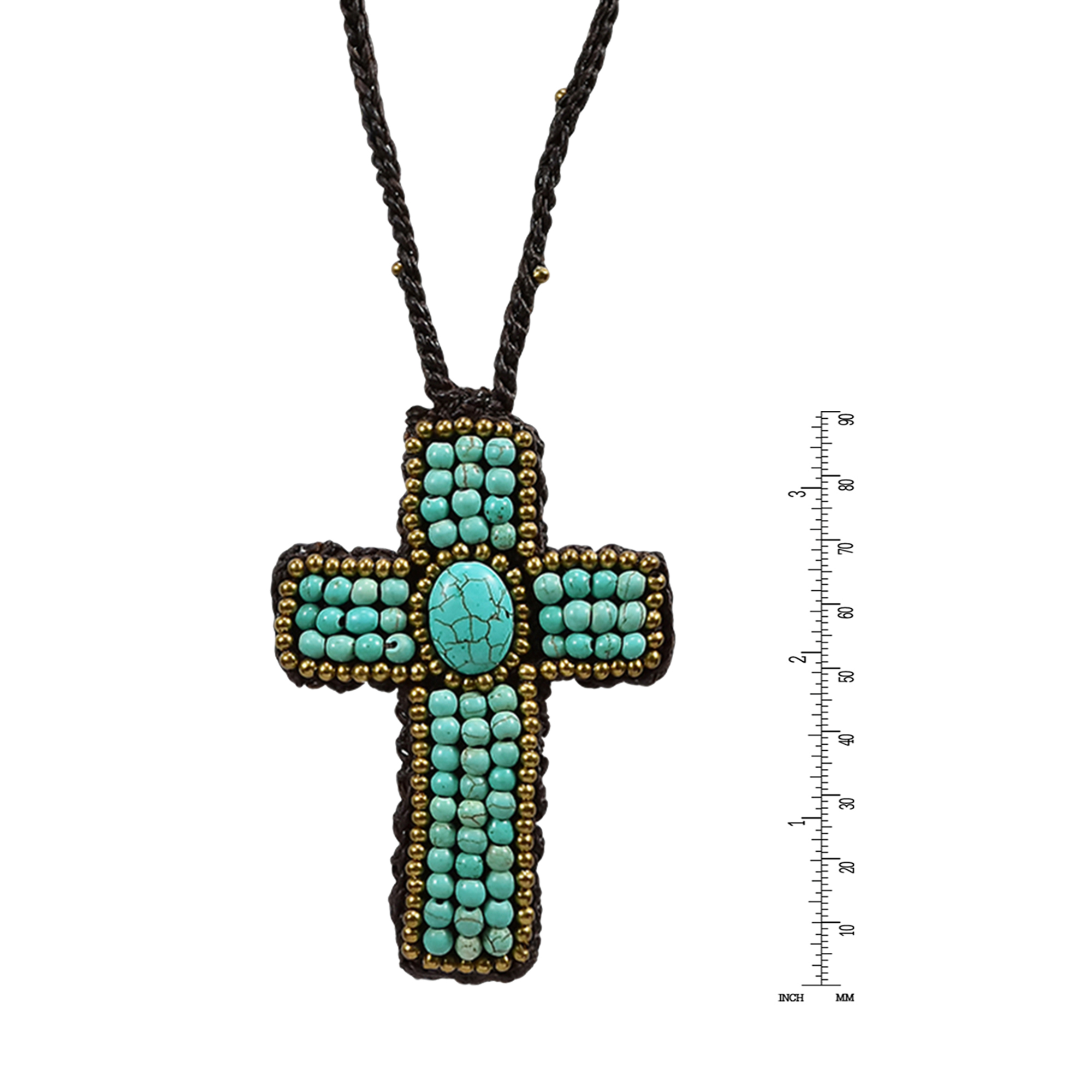 Antique Cross Turquoise Stone Brass Embellished Long Necklace - image 5 of 5