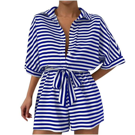 Qiopertar Women's Stripe Lapel Cardigan Button Mid Sleeve Belt Jumpsuit Shorts Casual Comfy Elastic Waist with Pockets Spring Summer Beach Vacation Fashion Romper, Blue XL