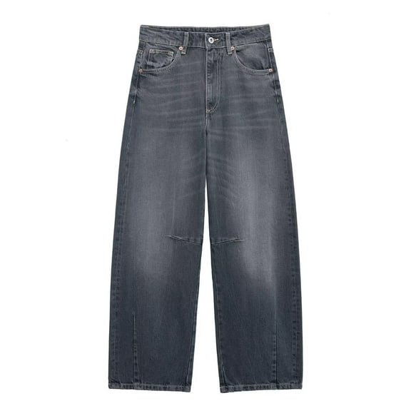 Vintage Wash Straight Loose Fit Trousers Mid Rise Non-Stretch Denim Pants