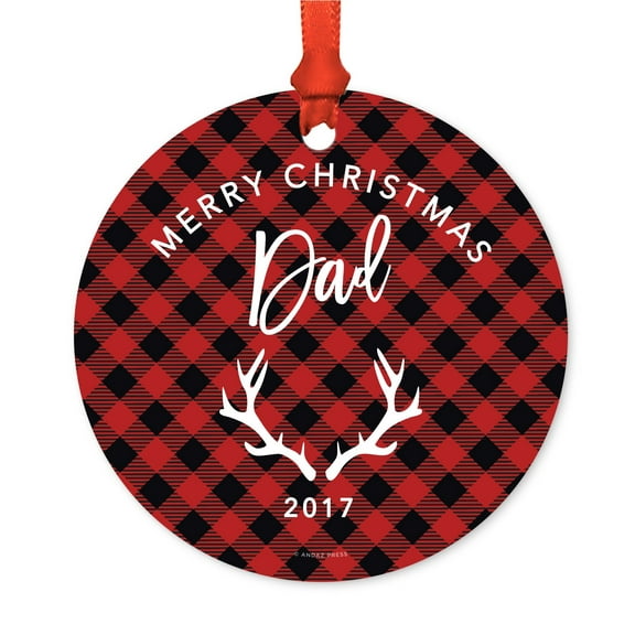Family Metal Christmas Ornament, Merry Christmas Dad 2017, Red Plaid, Includes Ribbon and Gift Bag