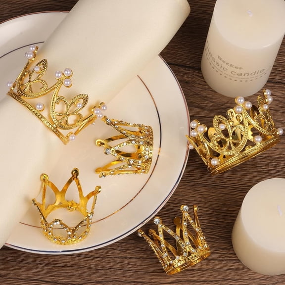 30 Pack | Metallic Gold Crown Rhinestone Napkin Rings, Royal Bling Napkin Holders