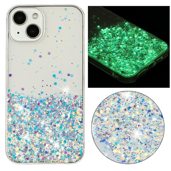 Compatible with iPhone 15 Bling Case Glow in The Dark Noctiluncent Fluorescent Luminous Phone Case Women Girls Girly Glitter Sparkling Slim Soft TPU Bumper Protective Cover,White