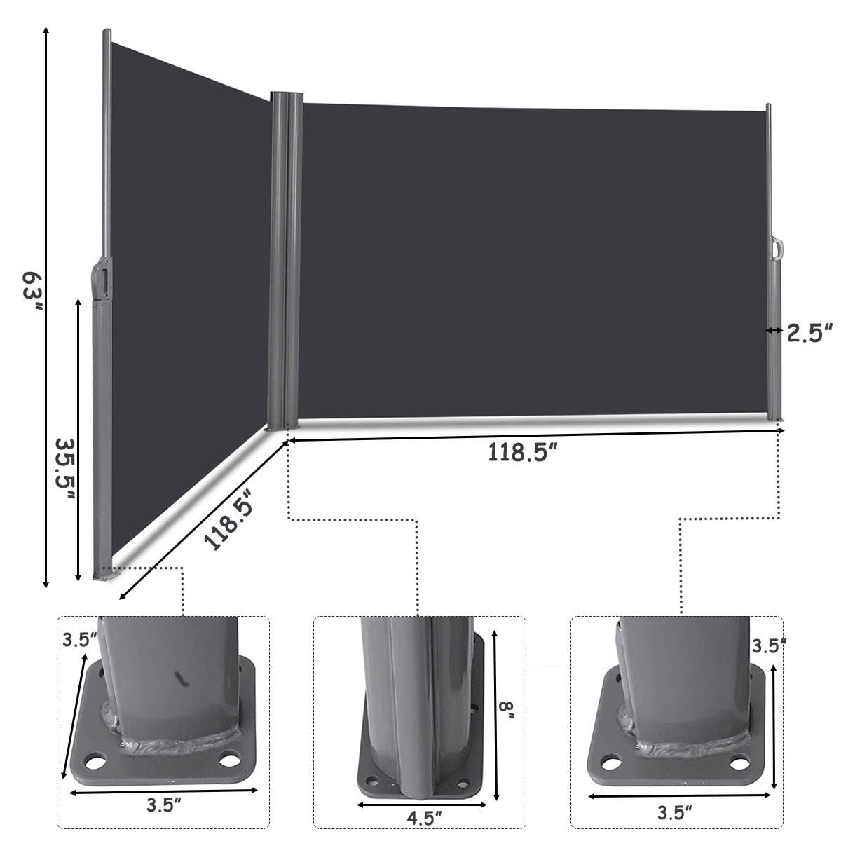 Gymax Fashion 237''x 63'' H Patio Retractable Double Folding Side Awning Screen Divider
