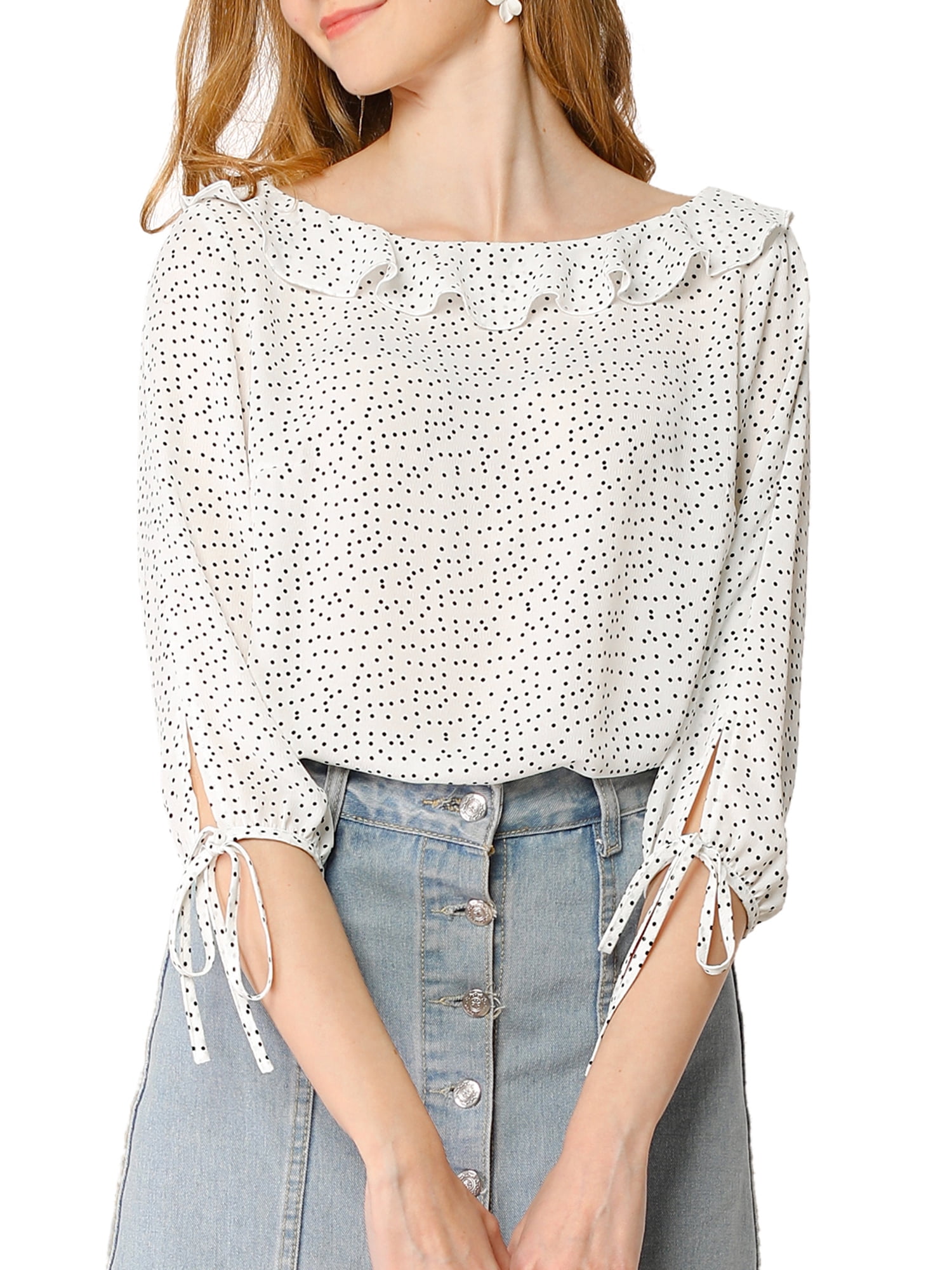 DARING DIVA Polka Dots Ruffled Neck 3/4 Sleeve Blouse Top M White