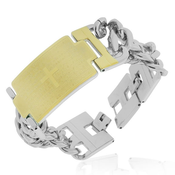 Stainless Steel Two-Tone Lords Prayer in English Chain Mens Bracelet, 8.5"