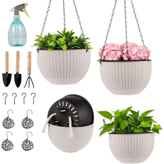 4 Sets of 8.2 Inch Self Watering Hanging Planter Flower Pots, Suitable for Indoor and Outdoor Plant Flower, Basket Flower Pots with Hanging Chains, Spray Bottles, Planting Tools, Hook (White)