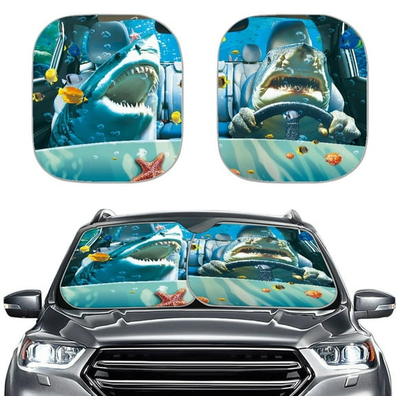 Jeiento Funny Sharks 2 PCS Car Windshield Sun Shade Foldable Sunshade Universal Vehicle Accessories Auto Sun Heat and UV Rays Blocker Keep Your Vehicle Cool 28.5 x 25.5 inches