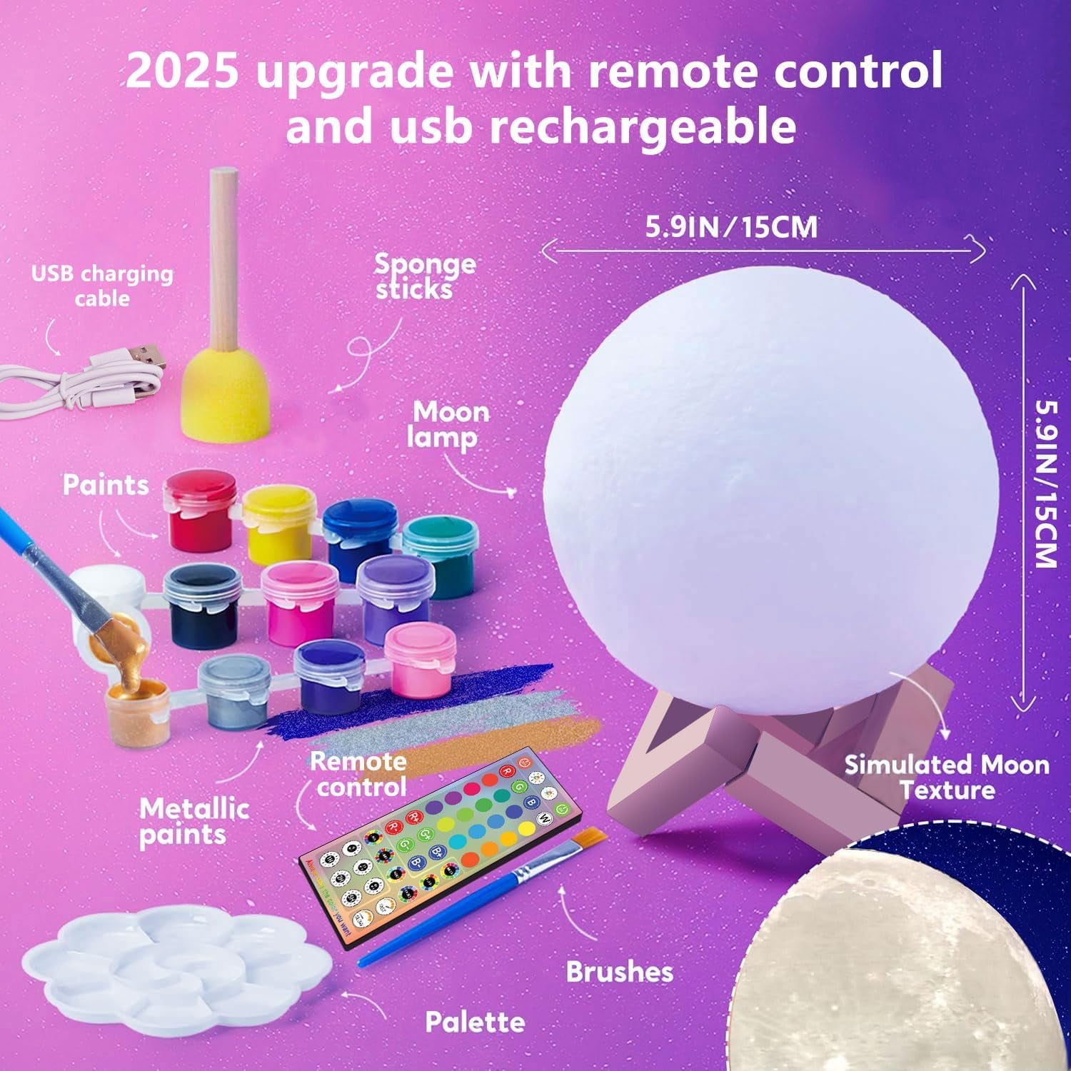 Paint Your Own Moon Lamp Kit, 2025 Updated USB Rechargeable, DIY Arts Supplies and Crafts Kit, Christmas Gifts for Grandkids Ages 6 7 8 9 10 11 12 13-15 Year Old Girls Boys Kids Birthday