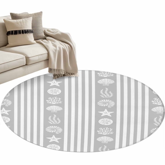 Grey Striped Coastal Round Area Rug 3 FT, Small Kitchen Bathroom Mat, Nautical Beach Starfish Shell Washable Indoor Outdoor Throw Runner Carpet Non-Shedding Doormat for Table Shower Sofa Entryway