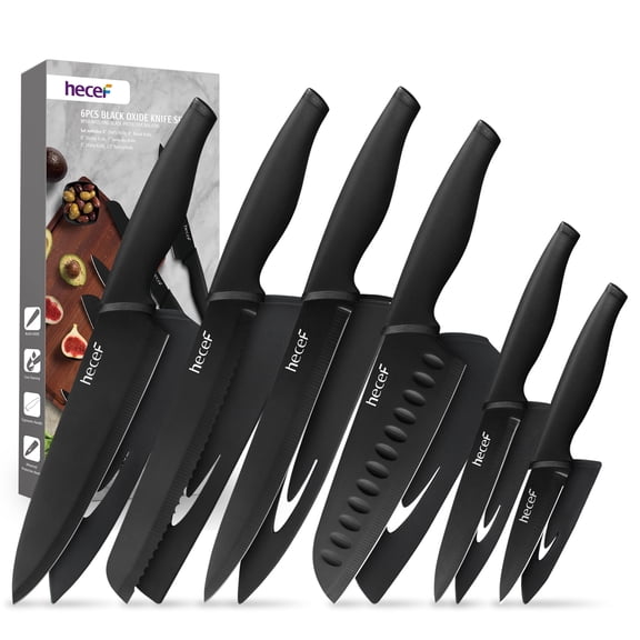 Juego de cuchillos de cocina Hecef Santoku de chef japonés 6 piezas óxido negro con cubiertas