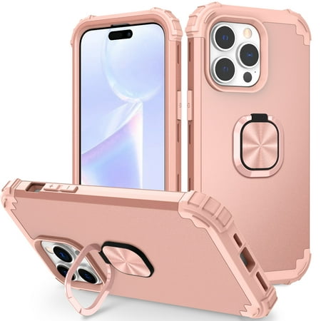 Feishell Fit for Apple iPhone 14 Pro Max Back Cover with Rotatable Ring Kickstand,Drop Protection Armor Hybrid Silicone +Hard PC Scratch Resistant Phone Case Supports Magnetic Car Mount,Rosegold