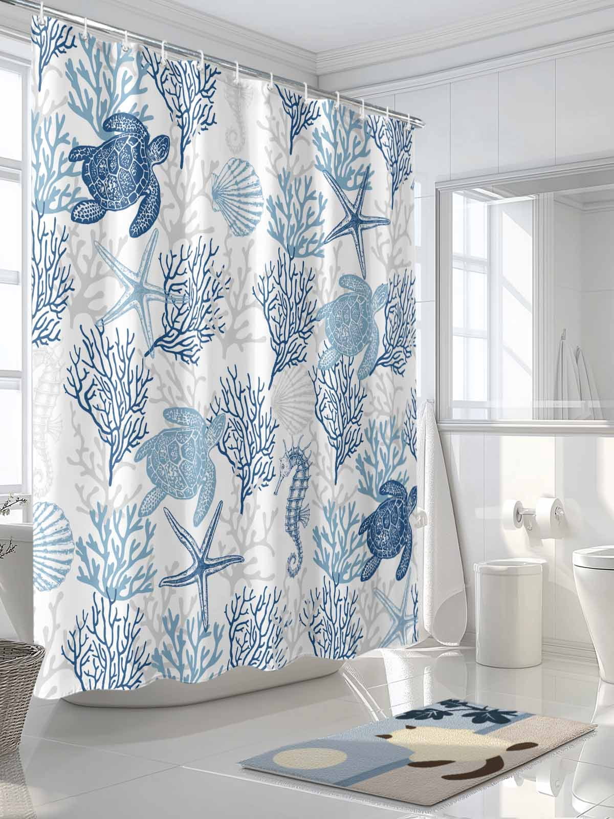 Boanket Polyester Fabric Navy Blue Grey Coastal Shower Curtain, Sea Turtle Nautical Coral Summer Beach Waterproof Bathtub Curtain Bathroom Decor Set with Hooks 54 x 78 Inches,