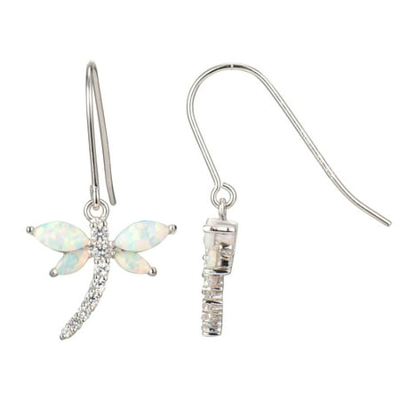 Sterling Silver Created Opal and Created White Sapphire Dragonfly Drop Earrings