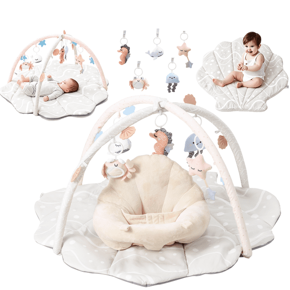 Baby Gym Playmat with Seat Cushion, Tummy Time Mat, 6 Detachable Toys for Infant Newborn Toddler 0-18 Months,Beige