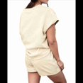 thumbnail image 3 of Conjunto de Pijama de 2 Piezas para Mujer, de Color Liso, con Cuello Redondo, Informal, de Tela Texturizada y Corta, Color Albaricoque S, 3 of 7