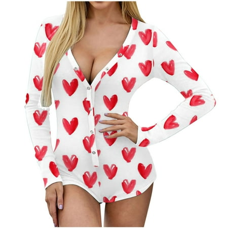 

Womens Valentine s Day Not Positioned Print V neck Long Sleeve Sexy Bodysuit Sexy Lingerie Pajamas Romper Women Sexy Naughty Lace Strappy Teddy Babydoll Exotic Lingerie A617-12317