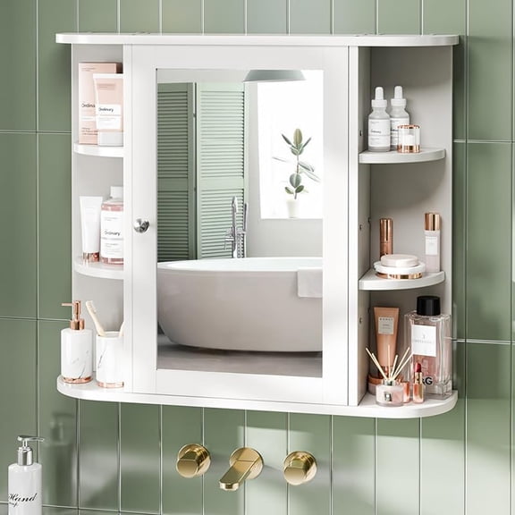 Mirror Cabinet, Medicine Cabinet Wall Mounted with Mirror and 6 Open Shelves
