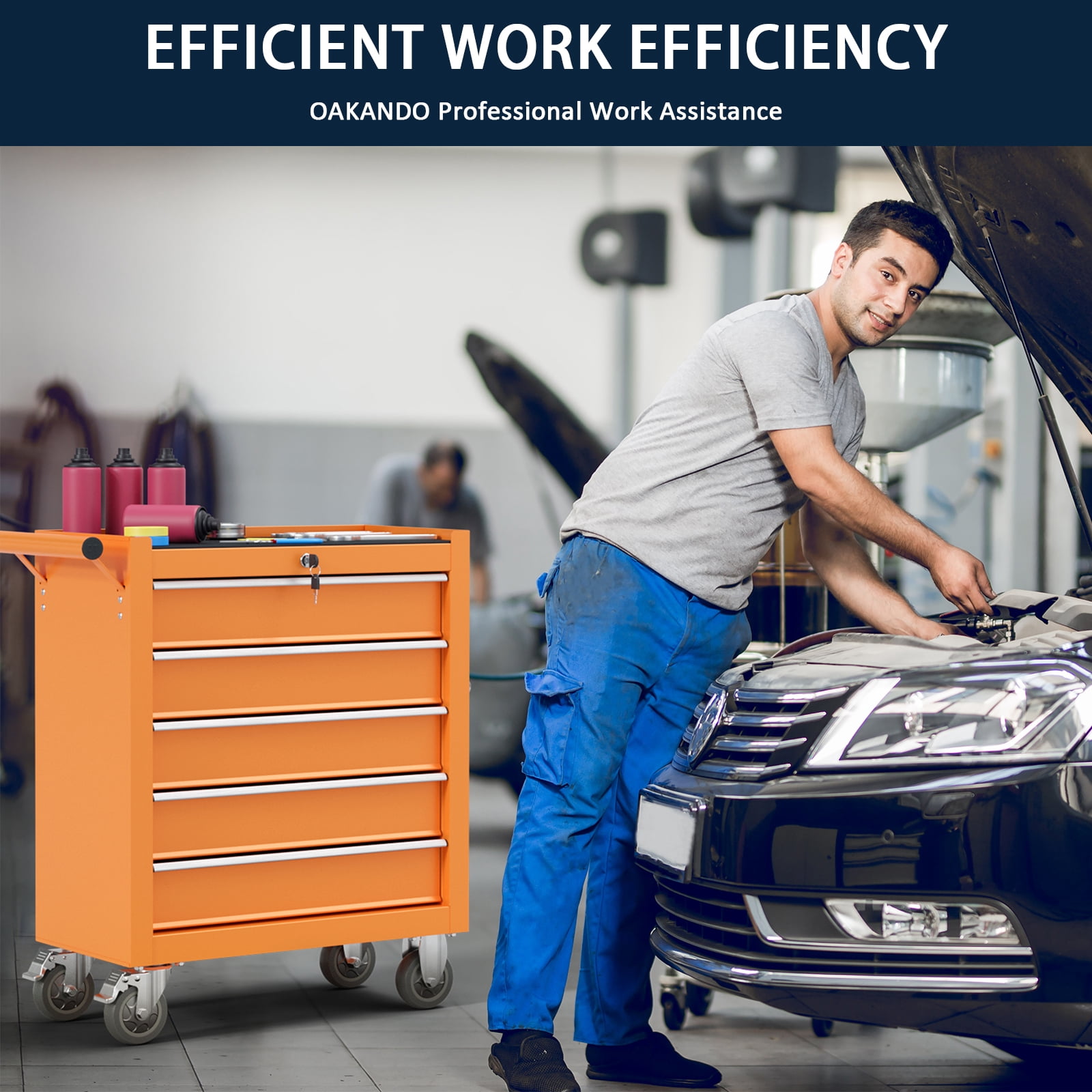 5 Drawer Rolling Tool Chest, Metal Tool Cart on Wheels,Tool Cabinet Key Locking & Drawer Storage,Tool Box Organizer for Garage,Warehouse(Orange)