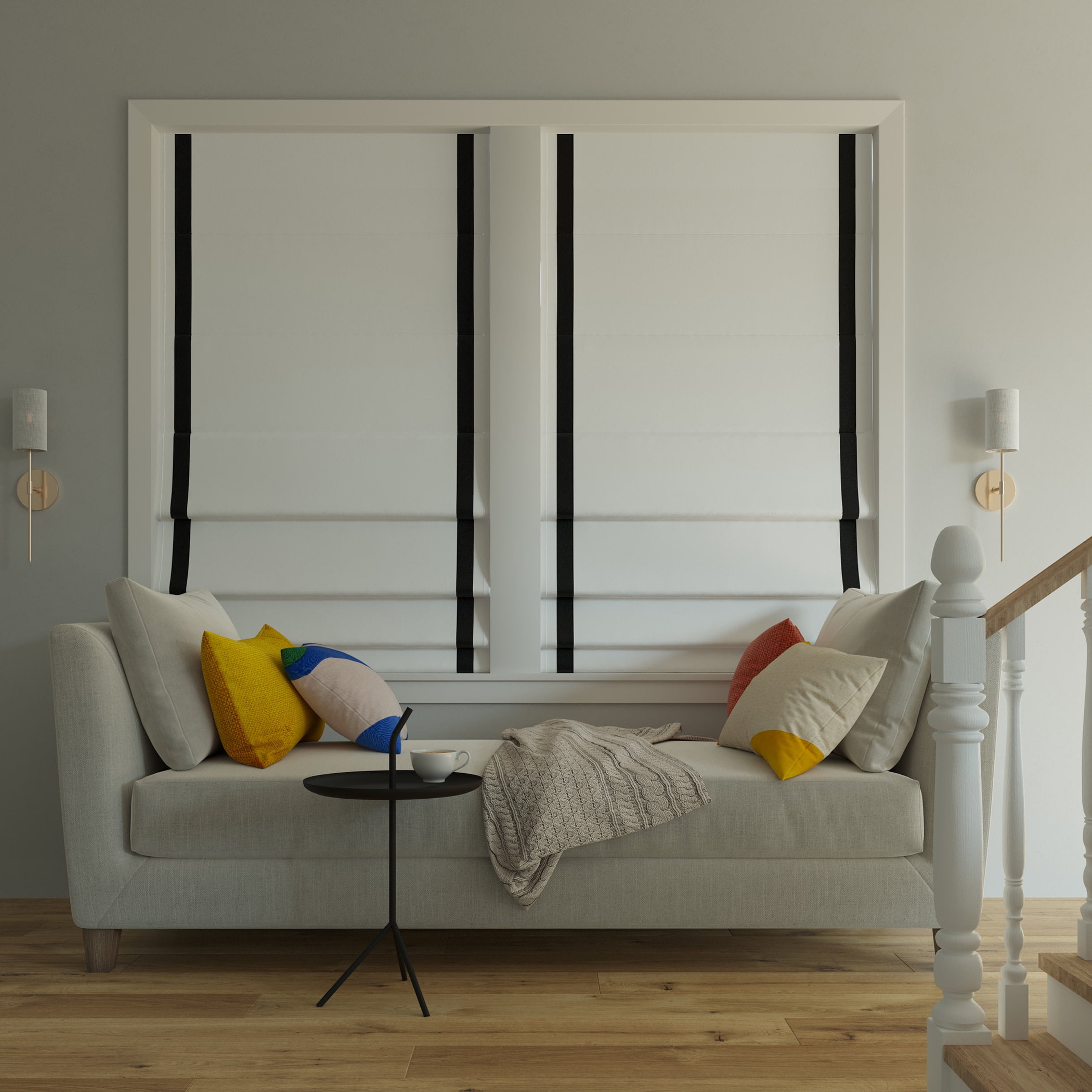 Sun Zero Olander Black Ribbon Border 100% Blackout Cordless Roman Shade, 31"W x 64"L, Black