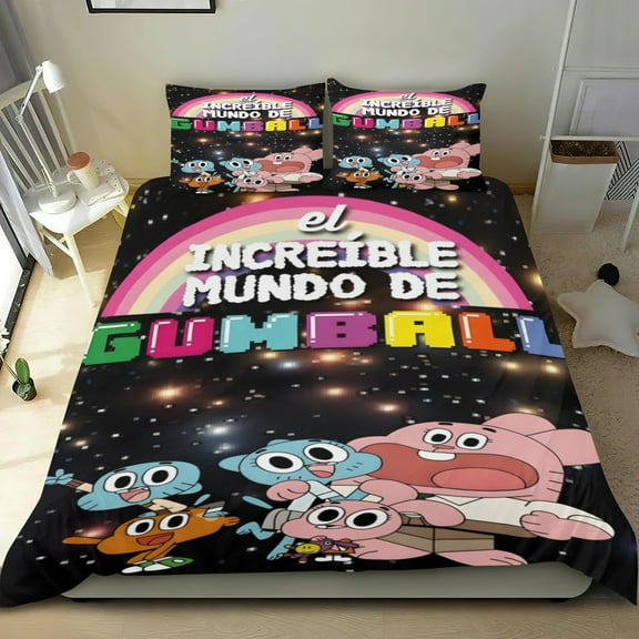 The Amazing World of Gumball thin bedding set has an iconic print,One duvet cover and two pillowcases.35" x 75"(90*190cm)