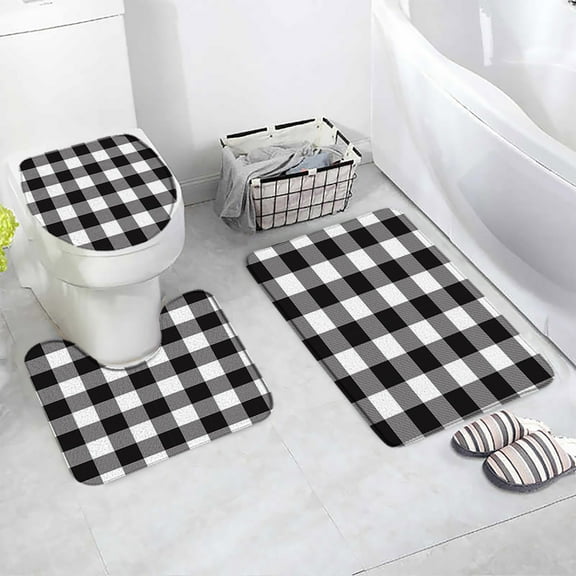Black White Buffalo Plaid Bath Mats Sets Gray Square Creative Geometric Bathroom Decor Carpet Door Rugs Non-slip Toilet Lid Mat