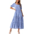 thumbnail image 1 of Vestido largo bohemio de verano con flores y mangas cortas, cuello cuadrado, con bolsillos, para mujer, color azul, 1 of 6
