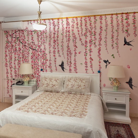 Large peach blossom tree wall stickers, fallen leaf stickers, flower wall stickers,  flower plant wall stickers Peel and Stick Forest Girl Wall Stickers for Baby Nursery Kids Bedroom Toddle