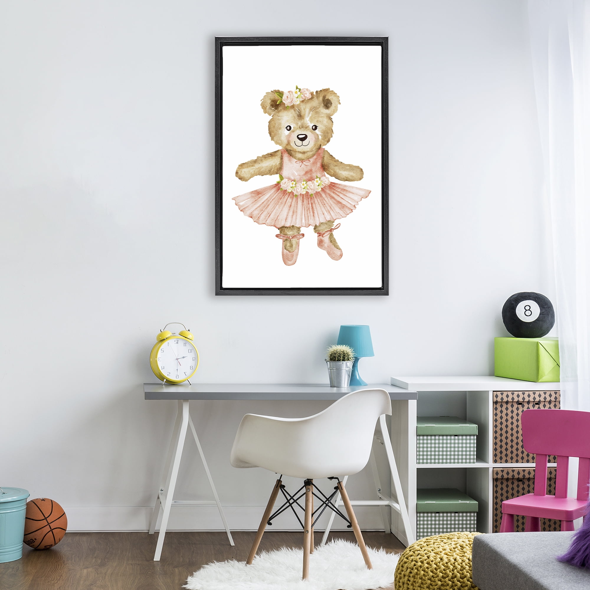 Floral Ballerina Teddy Bear Black Framed Floater Canvas Wall Art, design by Amy Hall