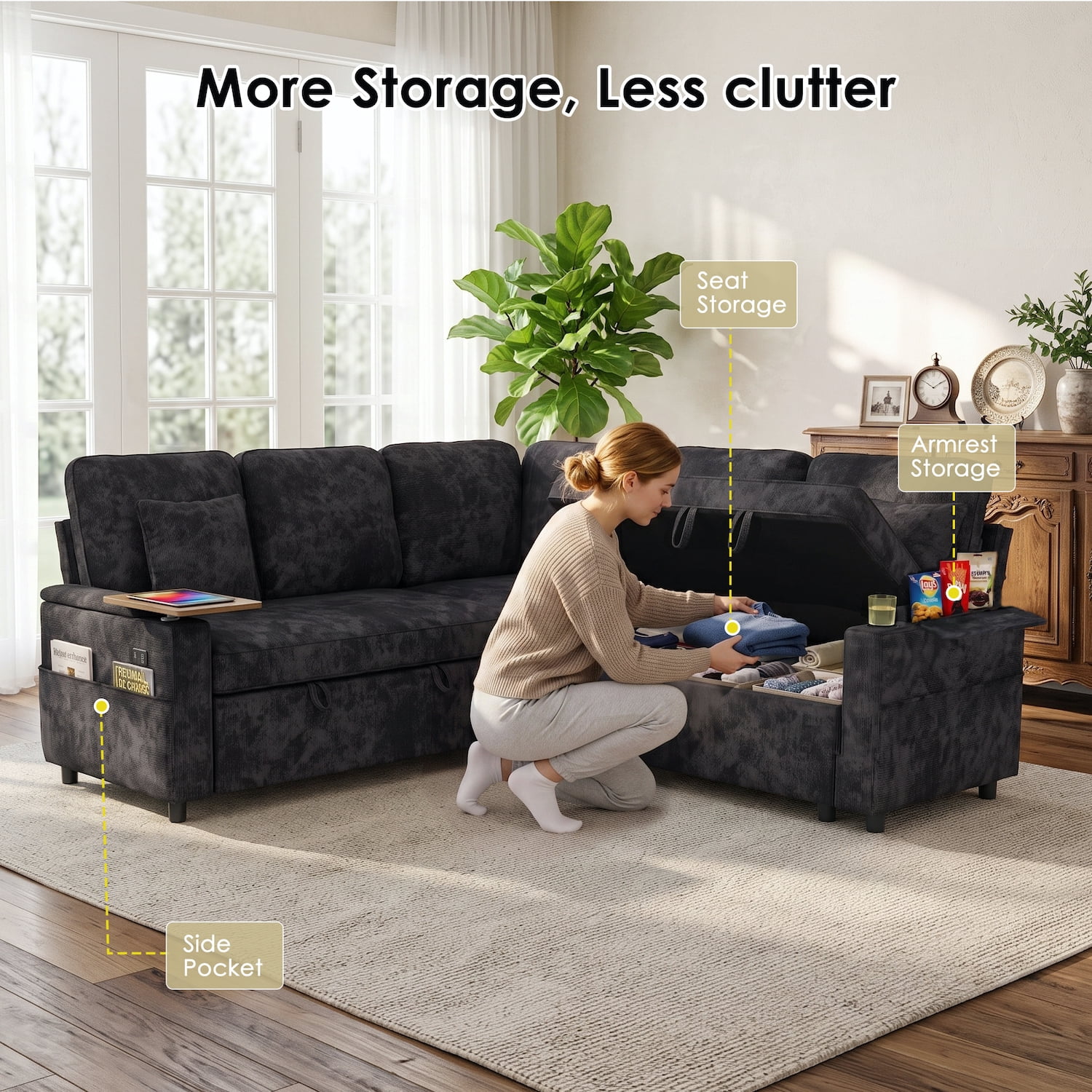 Xiweot 81" Modular Sectional Sleeper Sofa with Pull Out Couch, L Shaped Sofa Bed with Storage, Adjustable Backrest, USB Ports & Small Table, 5 Seaters Chenille Sofa for Living Room (Black)