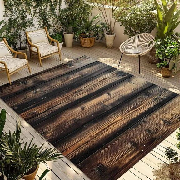 Fsddascl Vintage Wooden Outdoor Rug for Patio/Deck/Porch, Non-Slip Large Area Rug 4 x 6 Ft, Farmhouse Retro Black Brown Indoor Outdoor Rugs Washable Area Rugs, Reversible Camping Rug Carpet Runner
