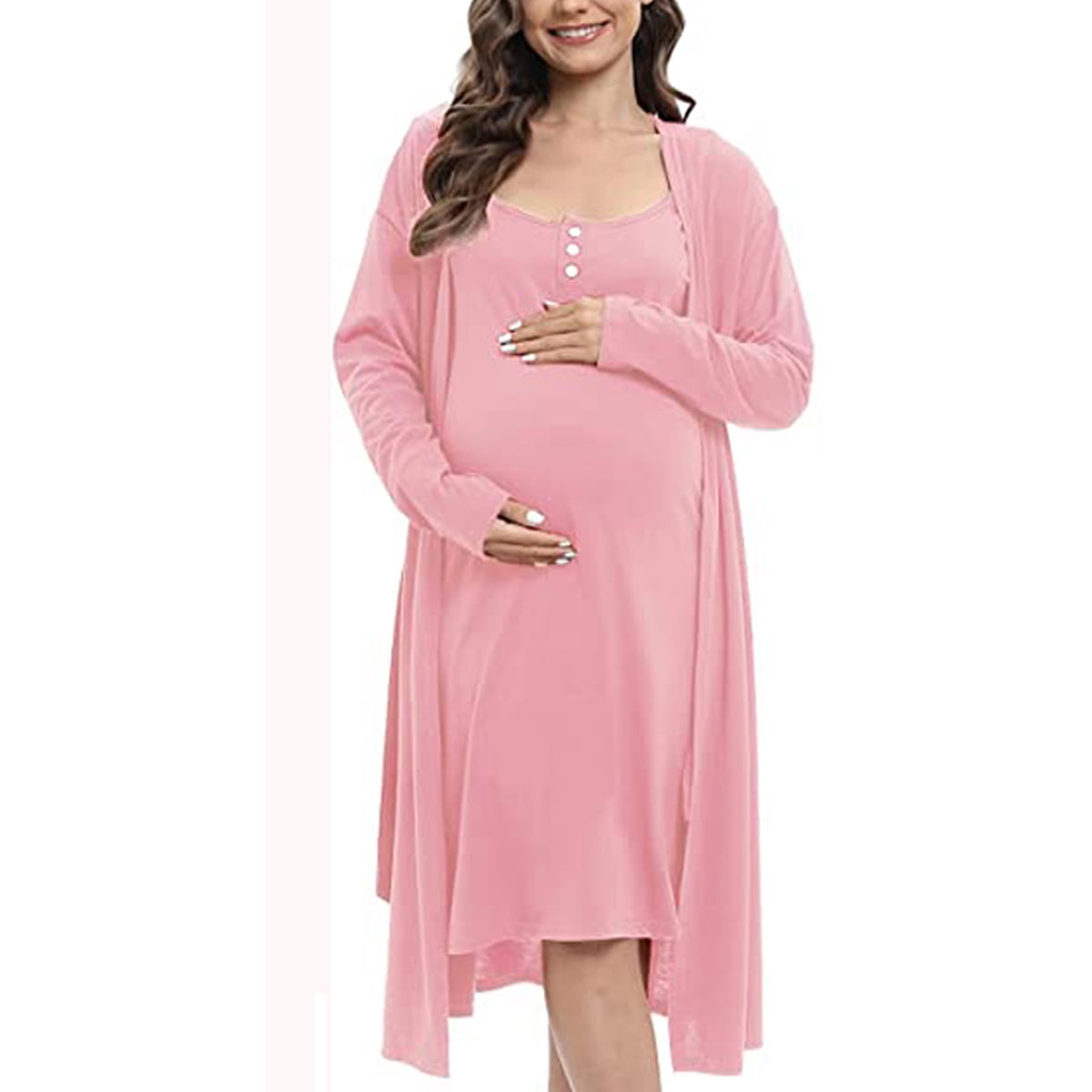 WBQ Women's 2 Piece Maternity Nursing Nightgown Robe Set Button Down Breastfeeding Nightdress 3