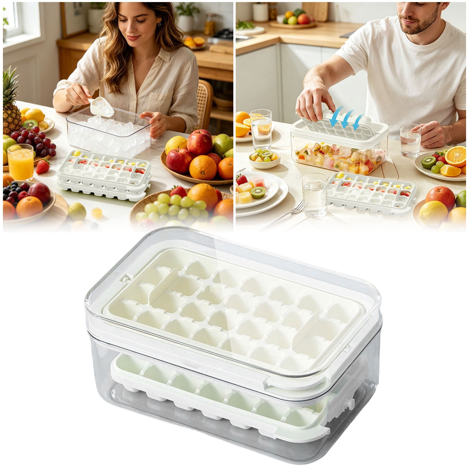 Ice Cube Tray with Lid & Bin 56 Cubes, Stackable Ice Trays for Freezer with Easy Release Silicone Bottom, for Drinks Coffee